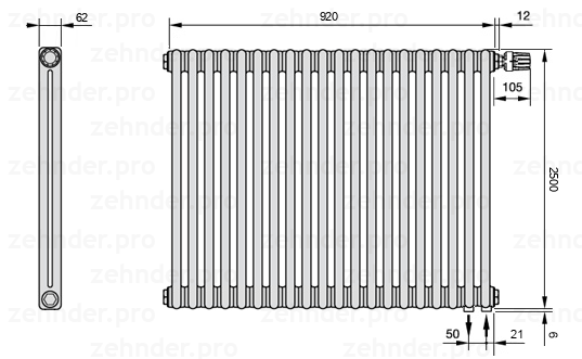 Схема (чертеж) Радиатор Zehnder Charleston 2250/20 №V002 Белый глянцевый RAL 9016